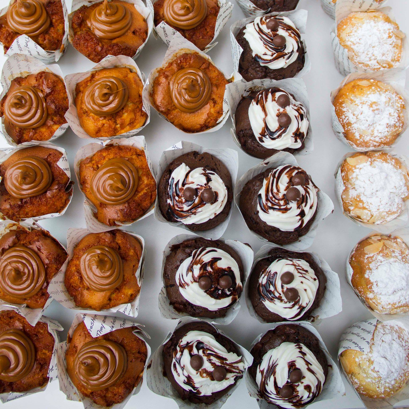 BB's caramel chocolate and lemon muffins lined up